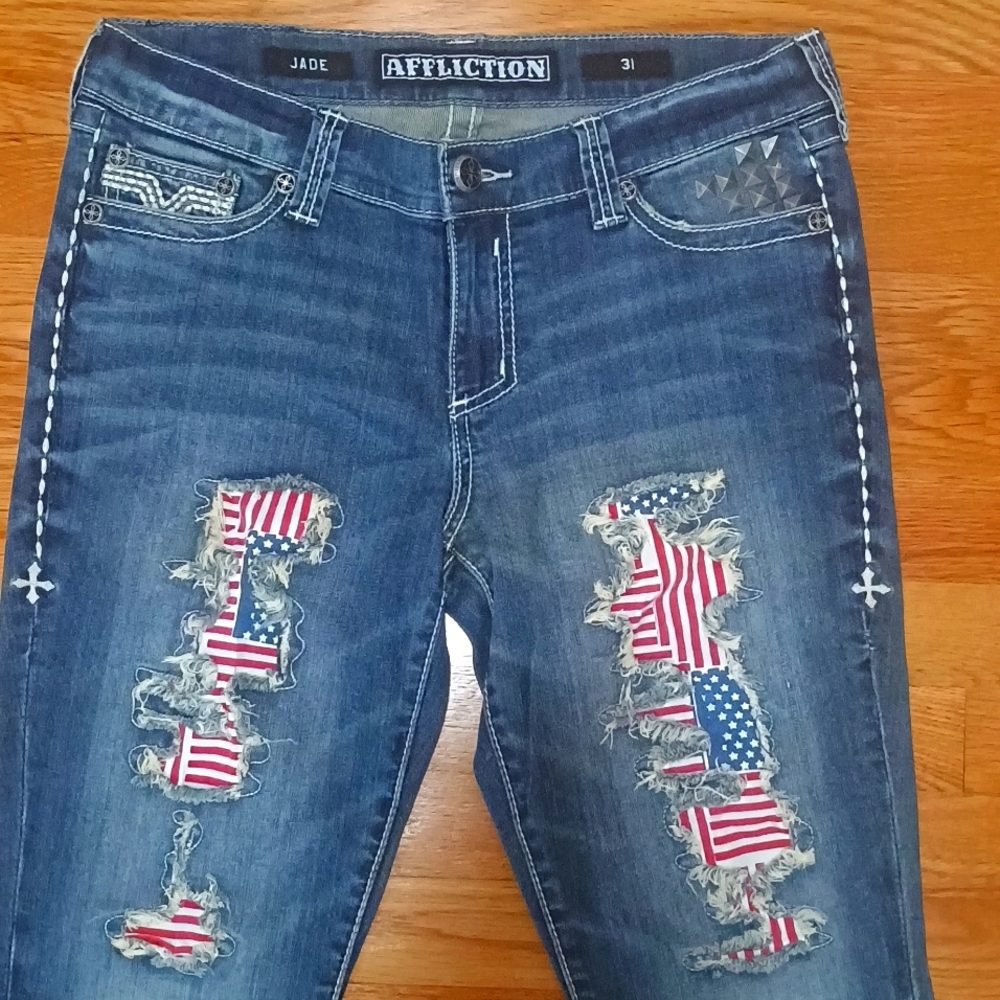 Affliction Jade bootcut jeans with patriotic theme. Size 31x32. EUC
